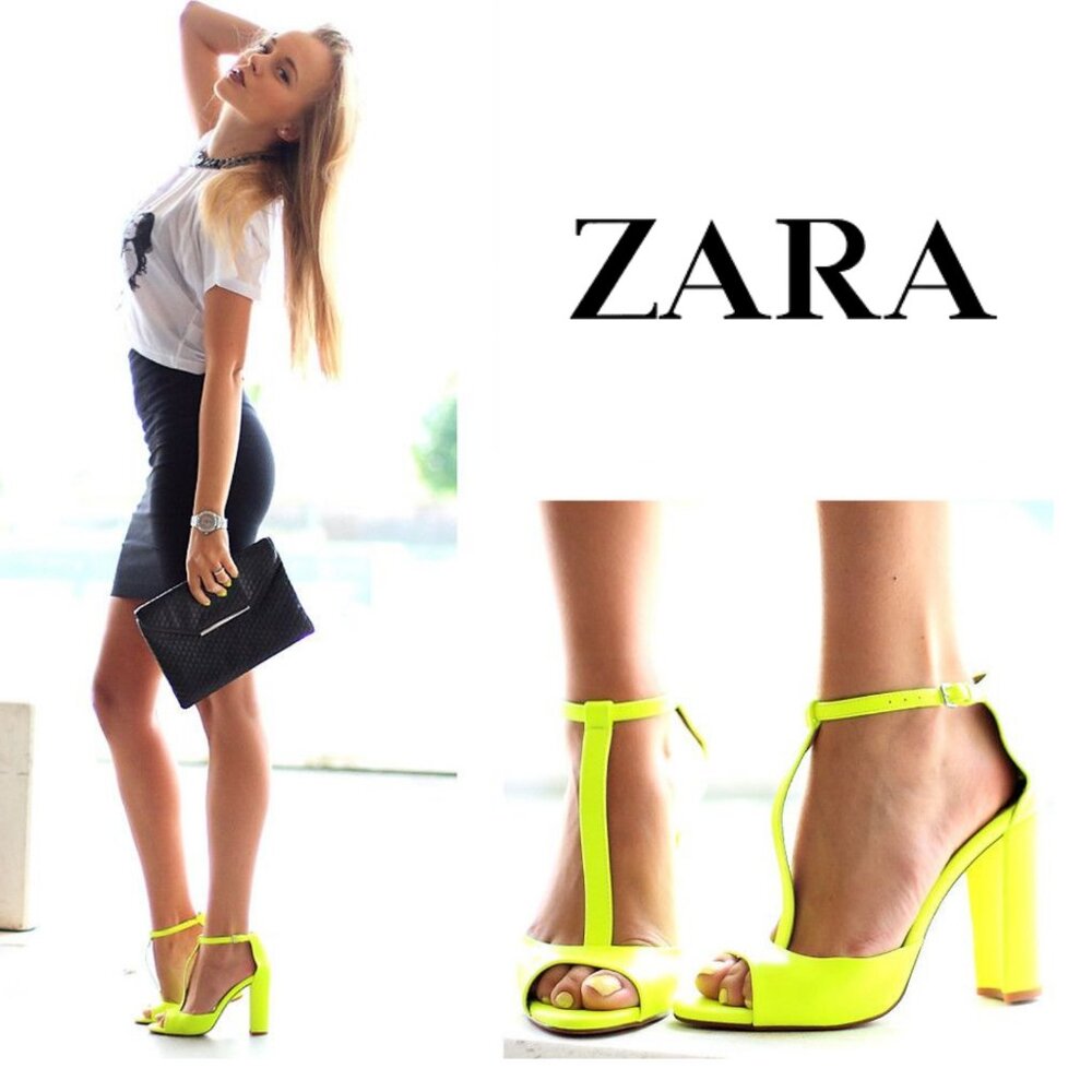 ZARA Neon Yellow T-Strap Block Heel Sandals 6.5 Lime Green Fluo Bright Party Pop - Picture 2 of 14